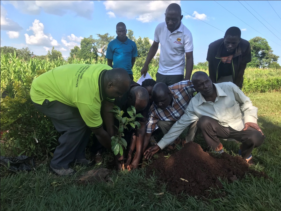 Community members and staff of the organization planting a tree in the community area